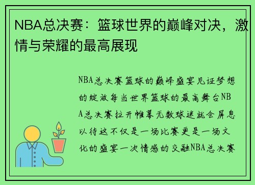 NBA总决赛：篮球世界的巅峰对决，激情与荣耀的最高展现